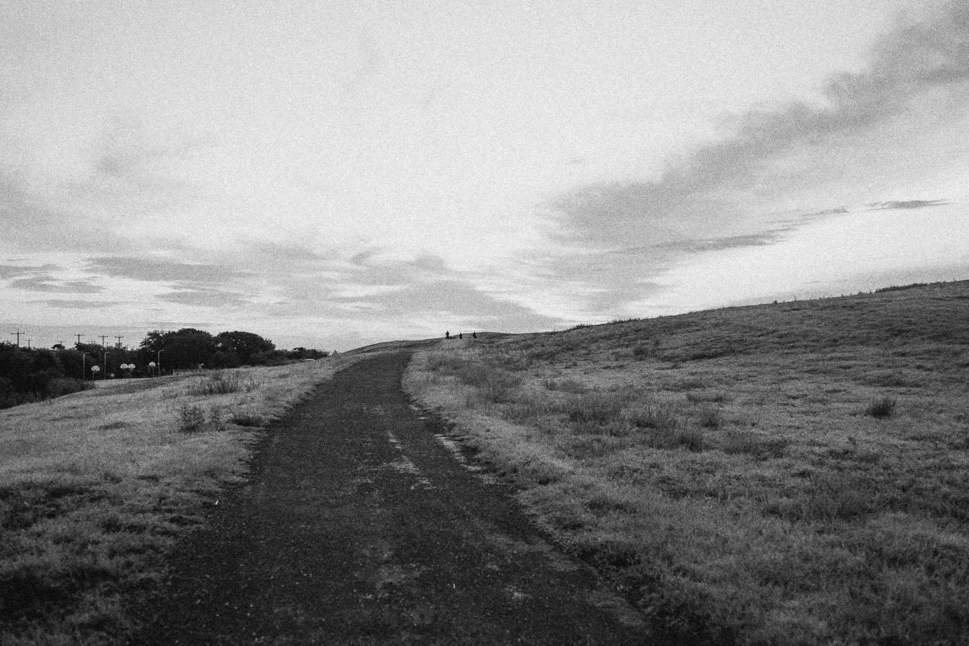 Behind the scenes on INERTIA: a narrow path runs up a grassy ridge under a dusk sky.