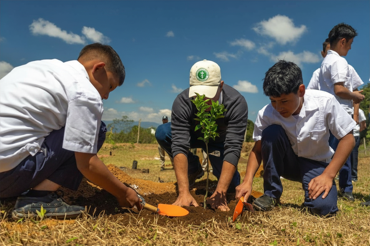 Students planting trees in a school community garden