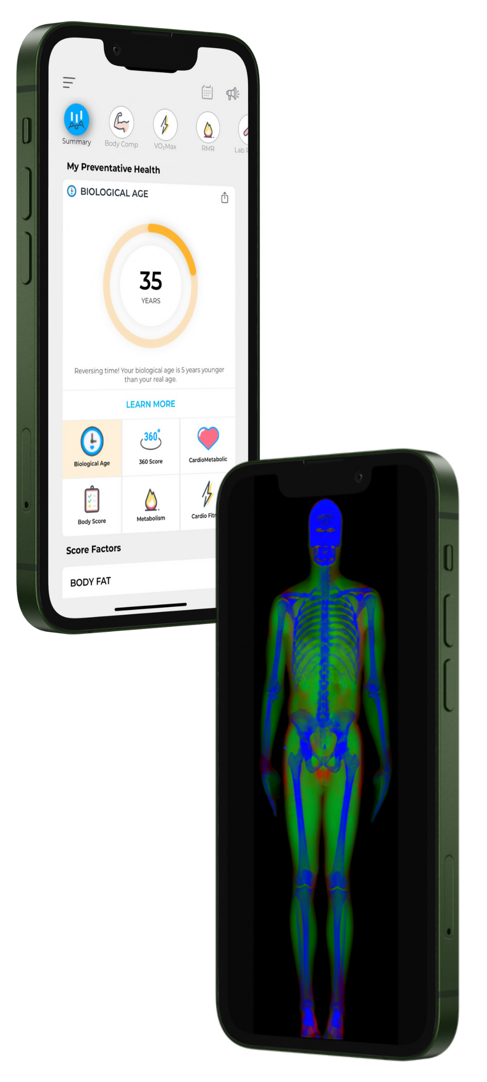 DexaFit ai app showing biological age and a full-body DEXA heat map