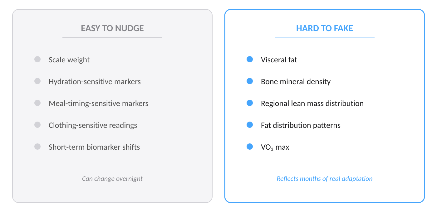 Easy to Nudge vs Hard to Fake metrics comparison