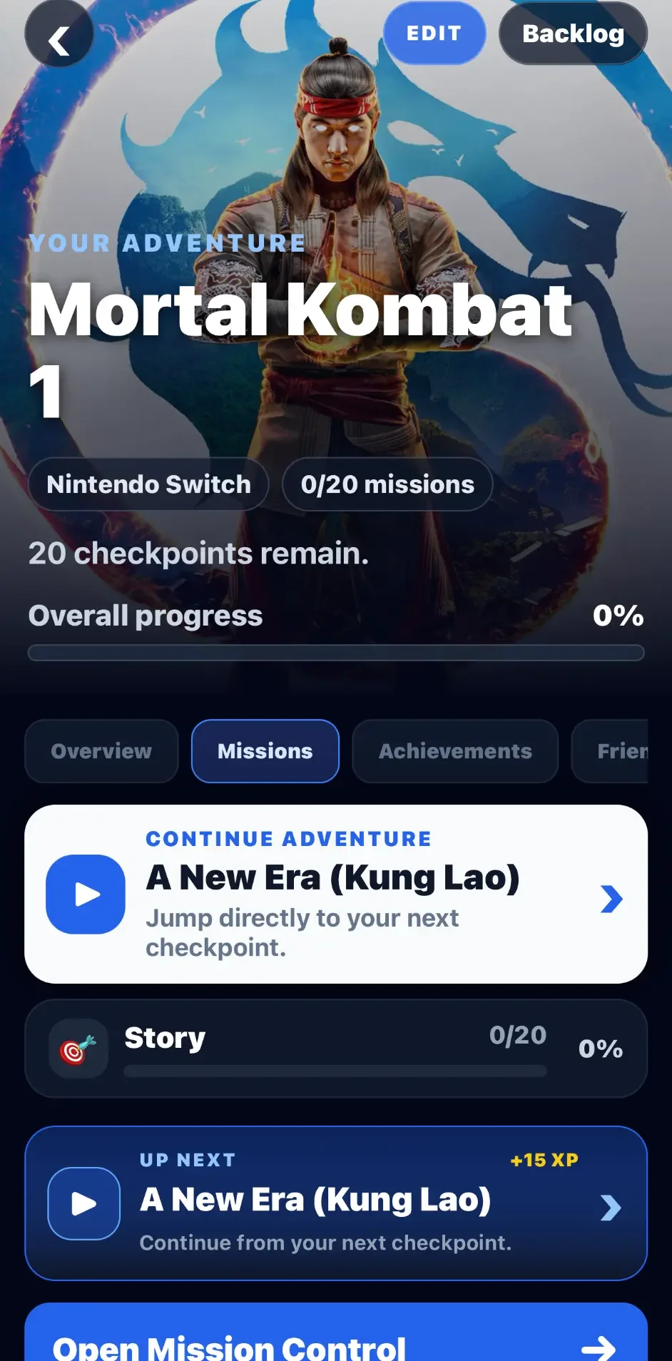 Checkpoint game details and missions screen