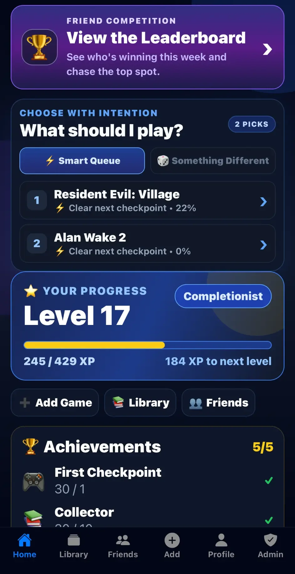 Checkpoint home screen showing recommendations, player level, and achievements
