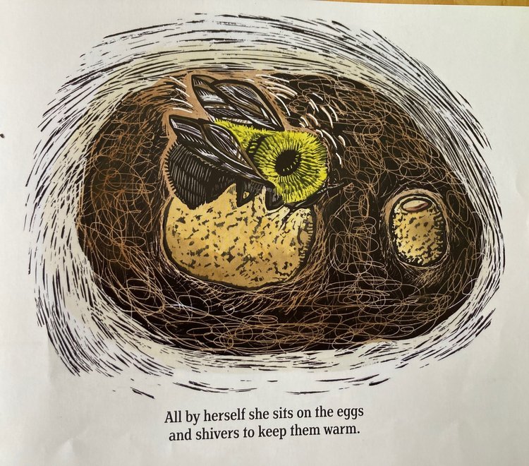 Illustration of a large bumblebee on a smaller ball of wax with another wax honey pot nearby.  Words say "All by herself she sits on the eggs and shivers to keep them warm."