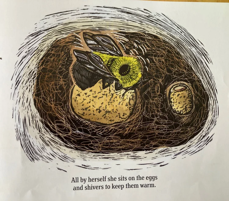 Illustration of a large bumblebee on a smaller ball of wax with another wax honey pot nearby.  Words say "All by herself she sits on the eggs and shivers to keep them warm."