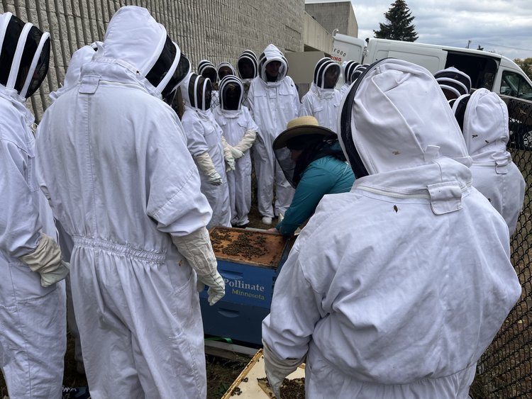 High school students in white beekeeping suits stand in a circle around a honey bee hive. A woman in a teal jacket and veil opens the hive.