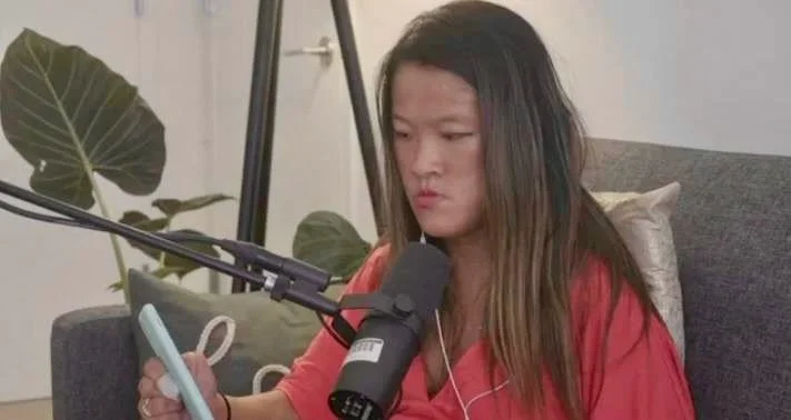 Sarah Kim recording a podcast