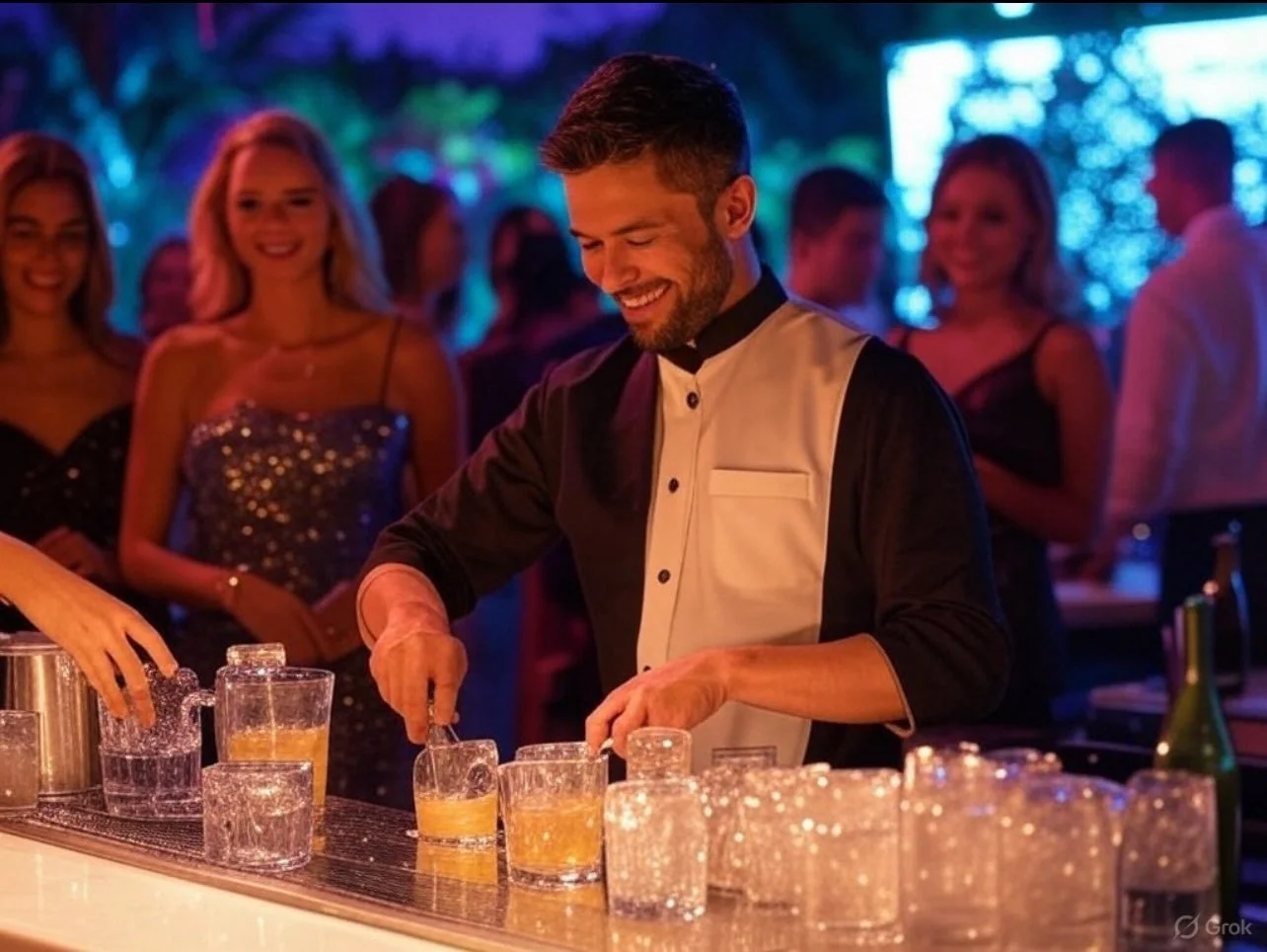 Bartender handing a drink to a guest at a Los Angeles event