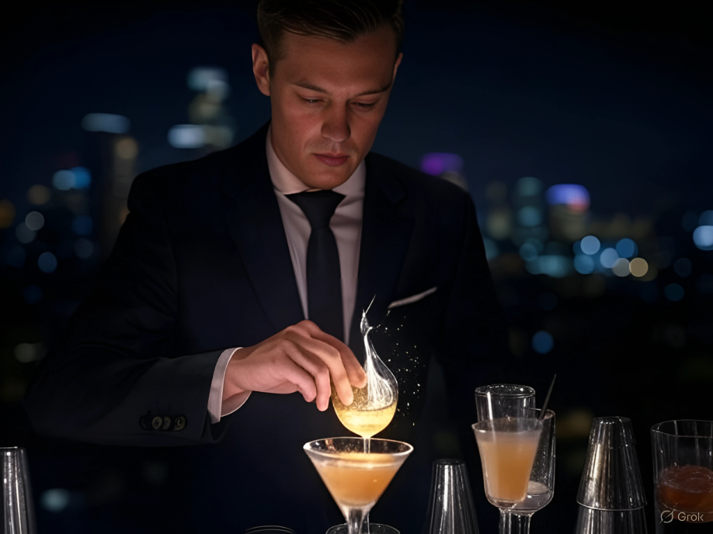 Mixologist building a craft cocktail at a Los Angeles event