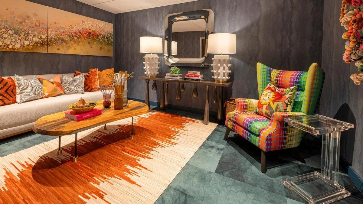 SCADshow green room with seating and accents