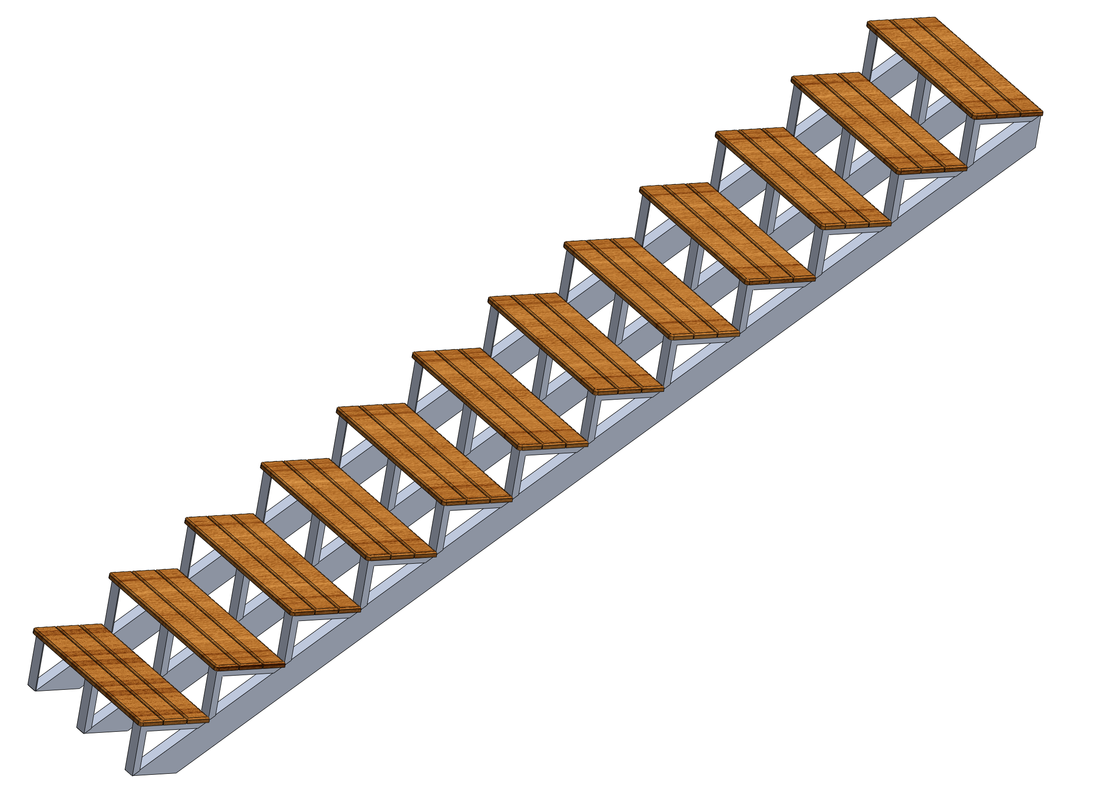 3D isometric CAD render of aluminum stair system with Douglas fir treads