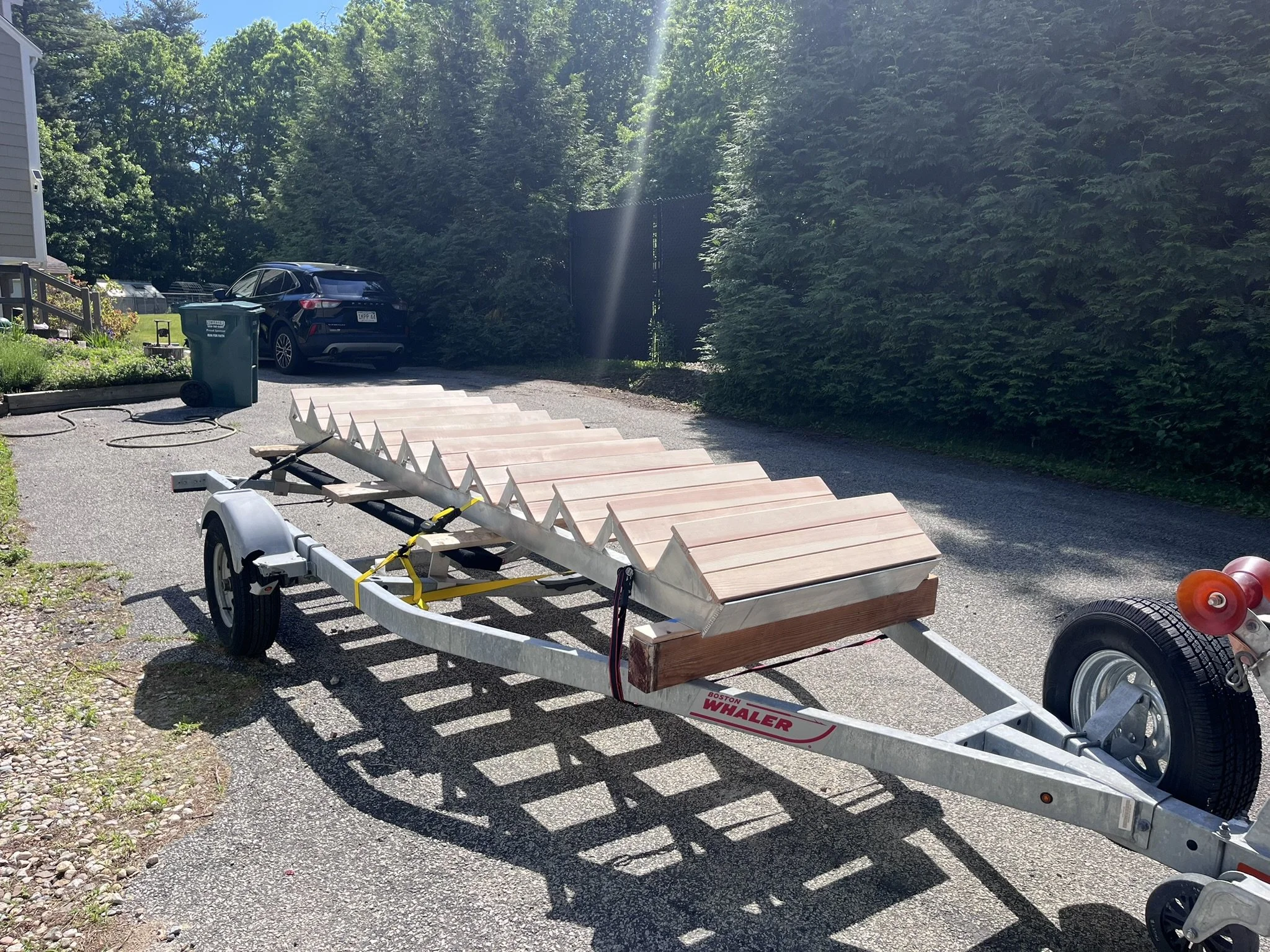Fully assembled staircase loaded on Whaler trailer for transport