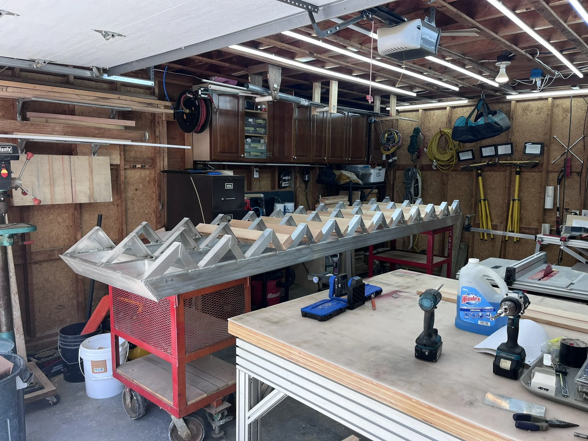 Completed aluminum stair frame laid out in fabrication shop