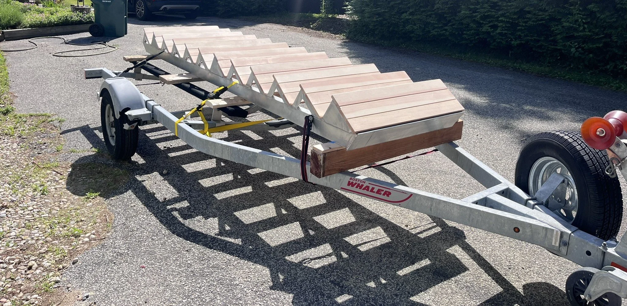 Fully assembled staircase loaded on Whaler trailer for transport