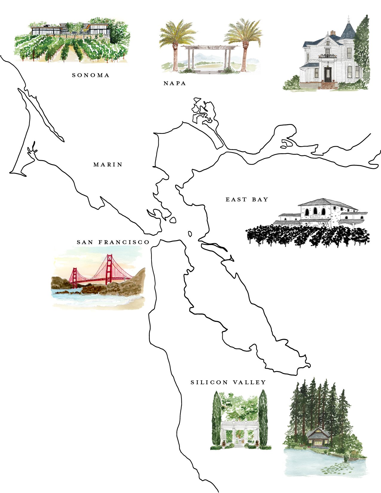 california venue illustrations in san francisco, napa, sonoma and beyond