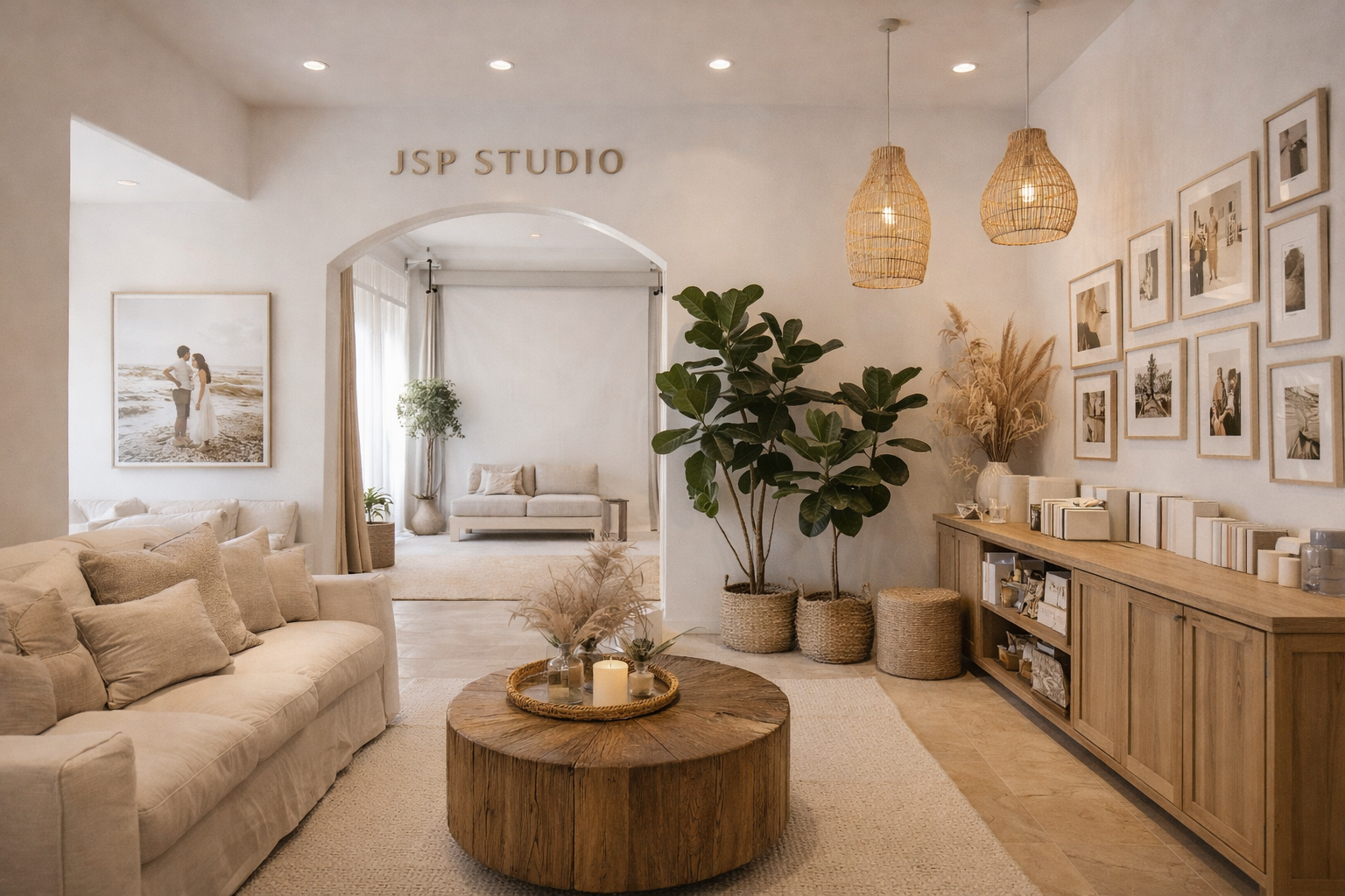 Minimal boho studio with plants, linen textures, and natural light