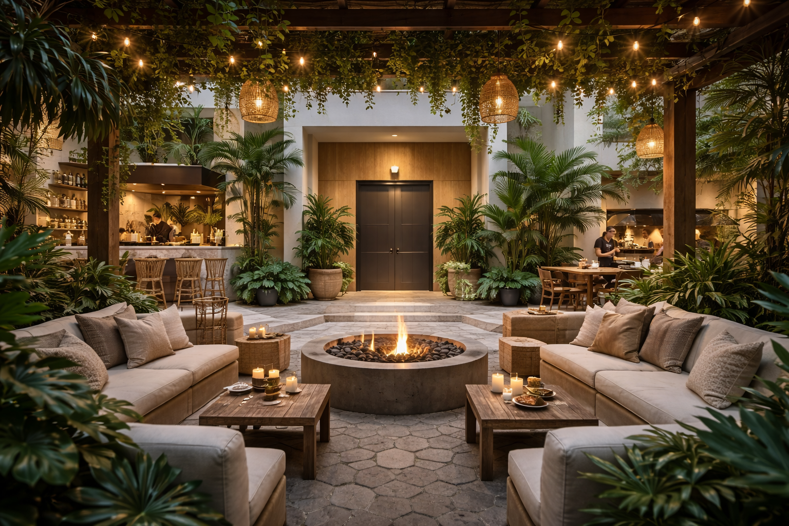 Jungle-inspired central commons with plants, seating, and elevator access