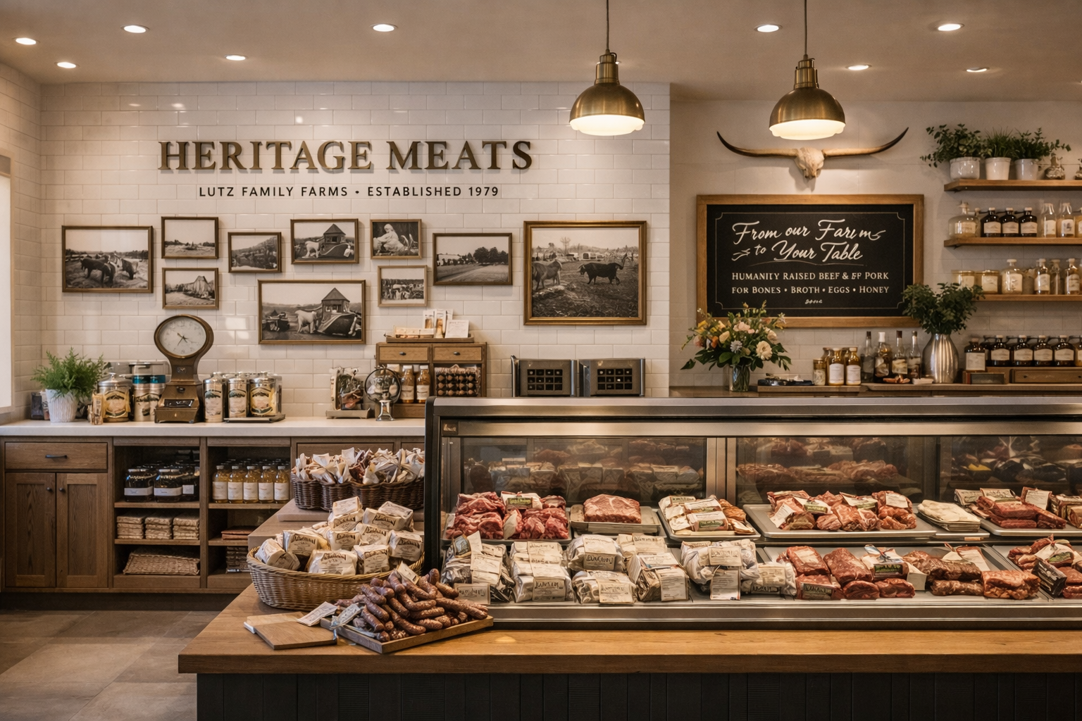 Heritage Meats interior with butcher counter and vintage farm elements