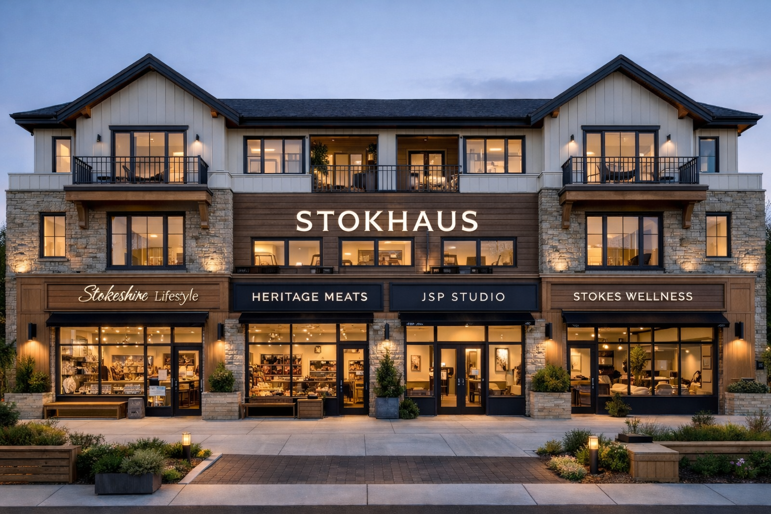 Exterior view of Stokhaus Commons with courtyard and storefronts