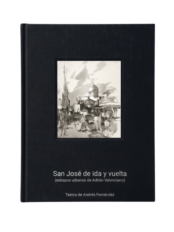 Portada de San José de ida y vuelta: acuarela de Adrián Valenciano de la Avenida Central con el reloj de la calle 3