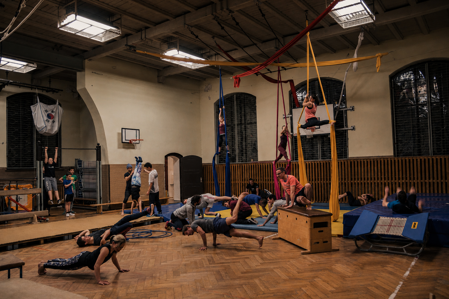 Mitglieder des Motion Playground beim gemeinsamen Training in der Humboldt-Turnhalle