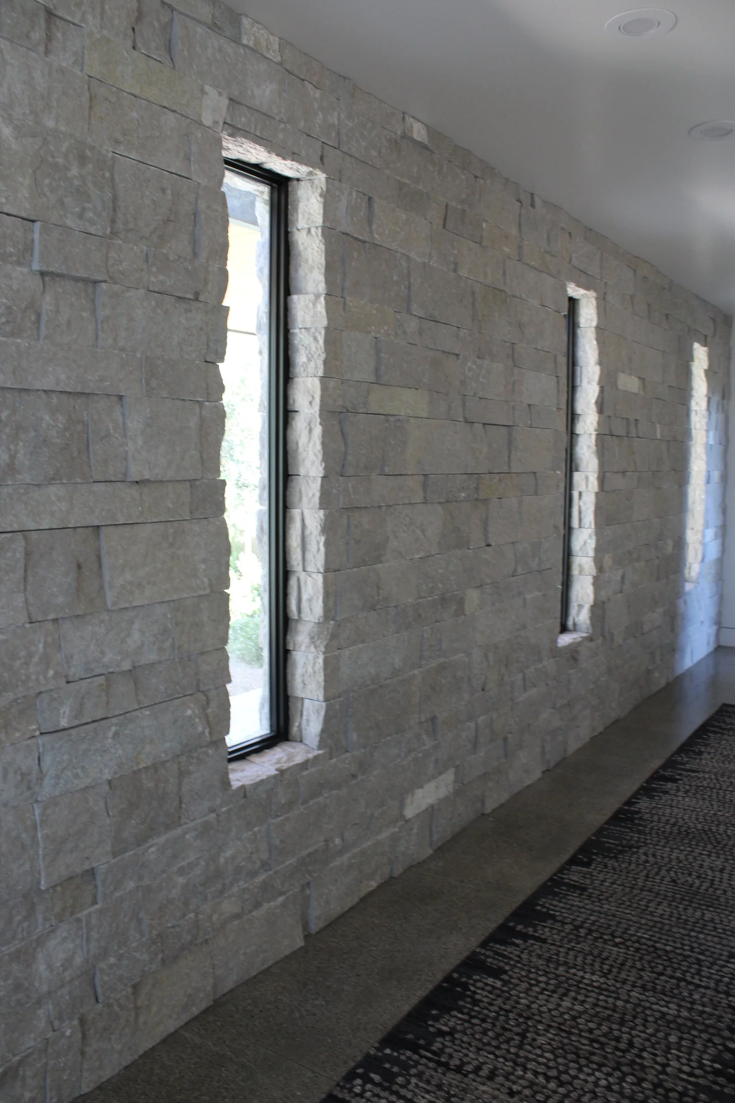 Avalon veneer clads a soffit slotted with two linear skylights.