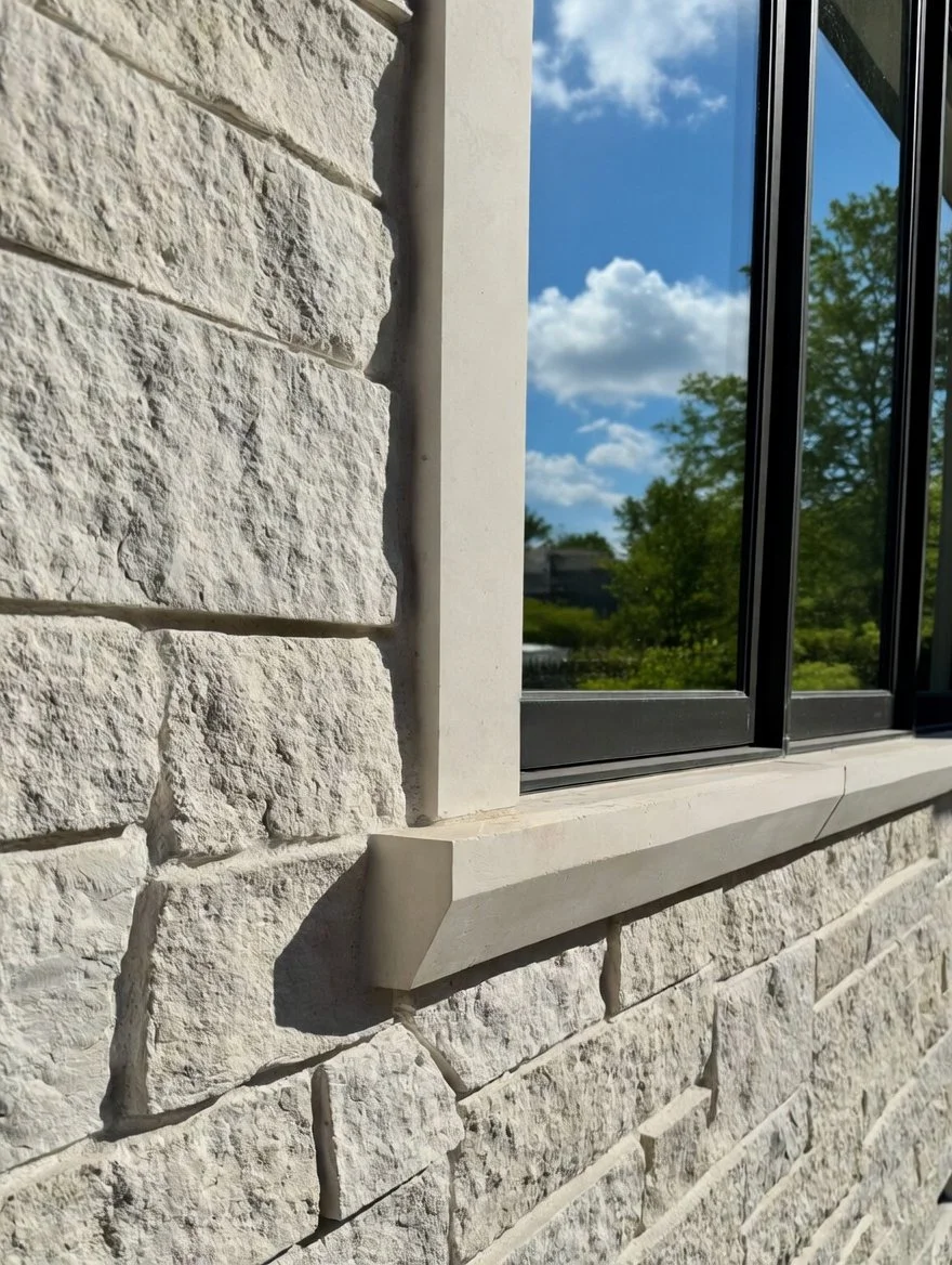 White ashlar veneer with raked joints and white honed jambs and custom-profiled sills across a home facade.