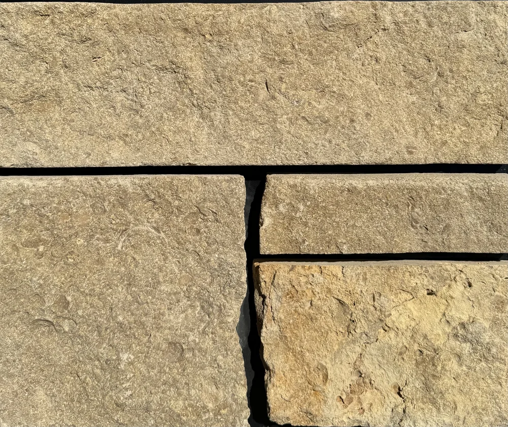 Chestnut Shell ashlar veneer sample in split face with chopped ends.