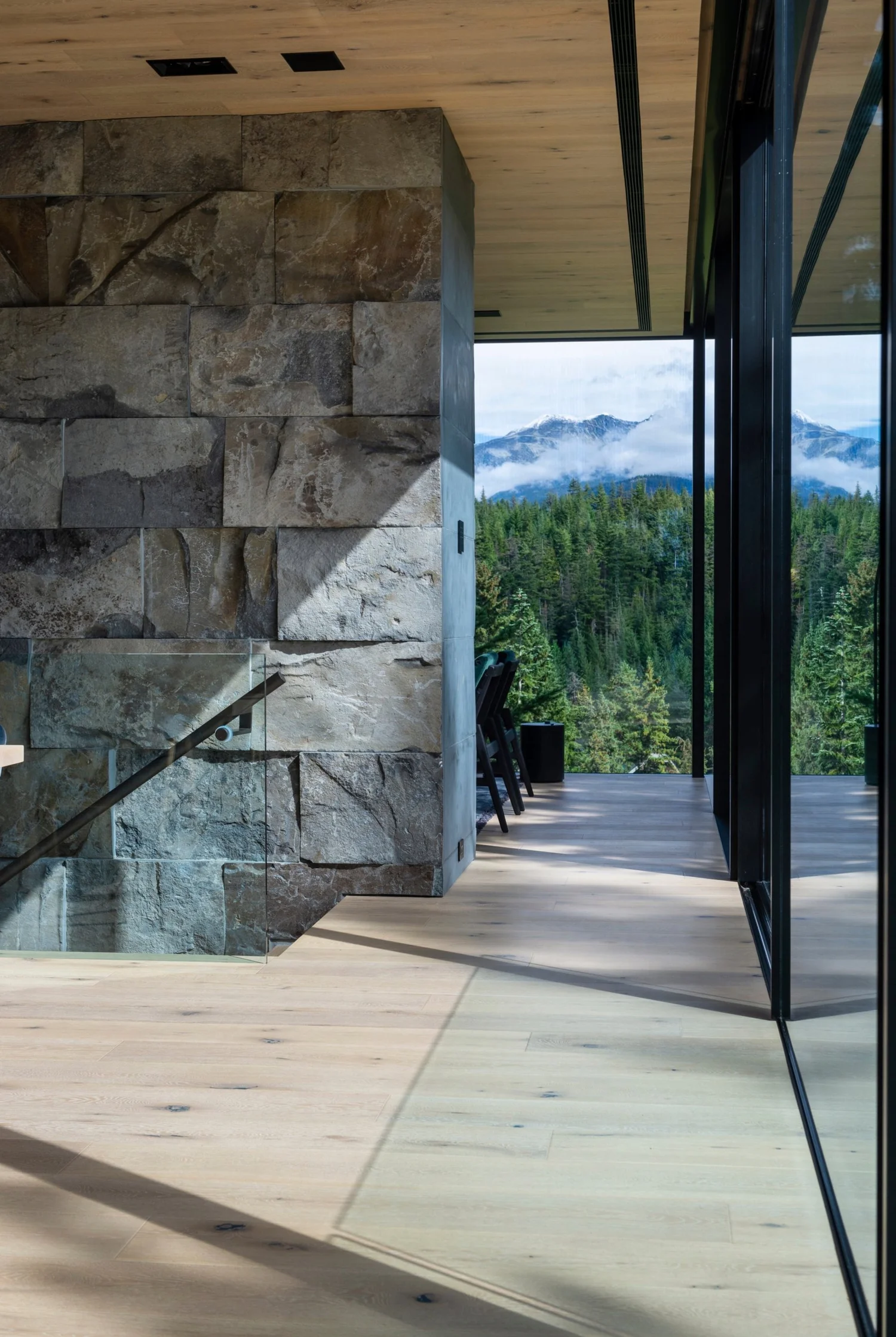 Whistler Basalt panel veneer in a natural face with dry-stack joints along an interior staircase.