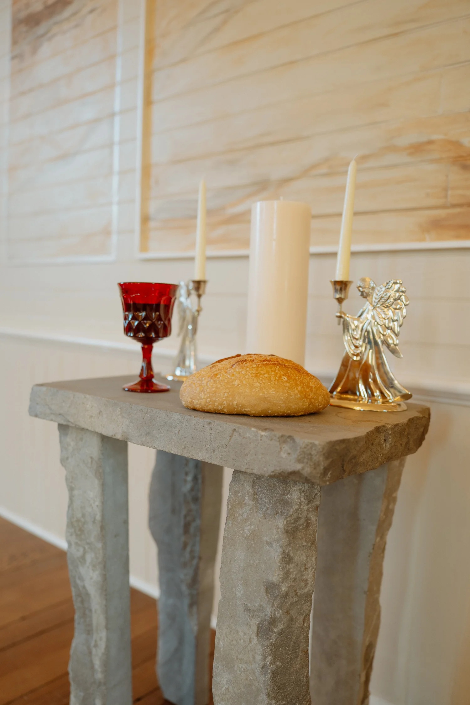 Whistler Basalt Communion Table with natural and honed faces, an interior studio piece.