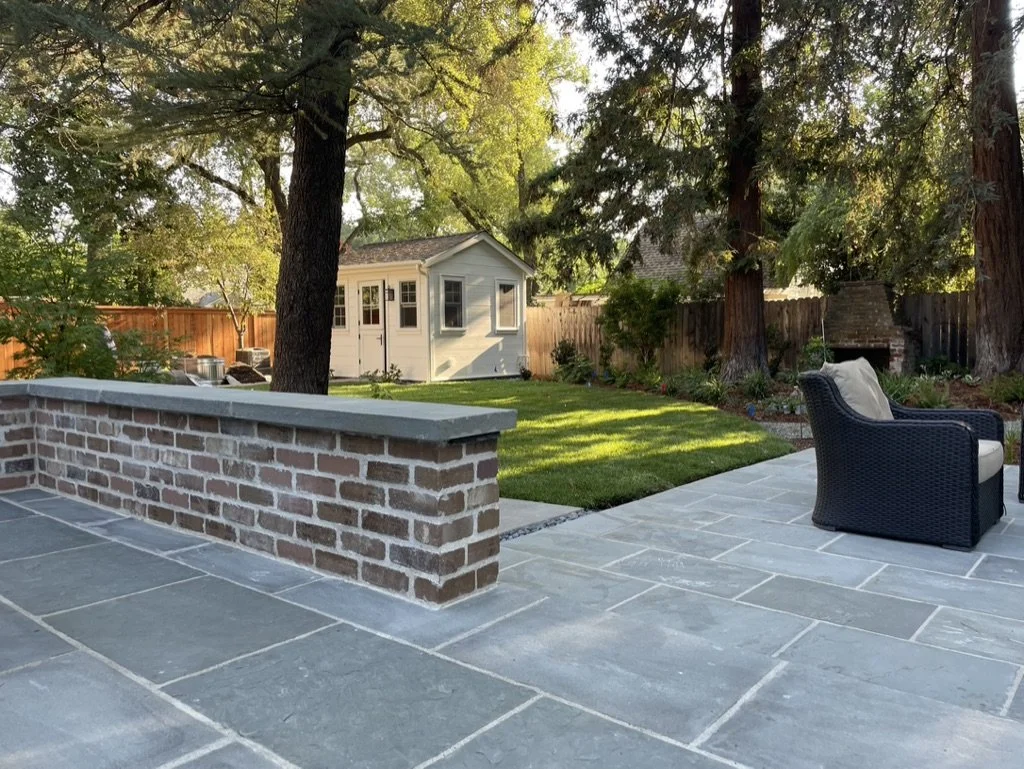 Bluestone paving meets a brick seat wall capped in the same stone, redwoods closing the far end of the yard.