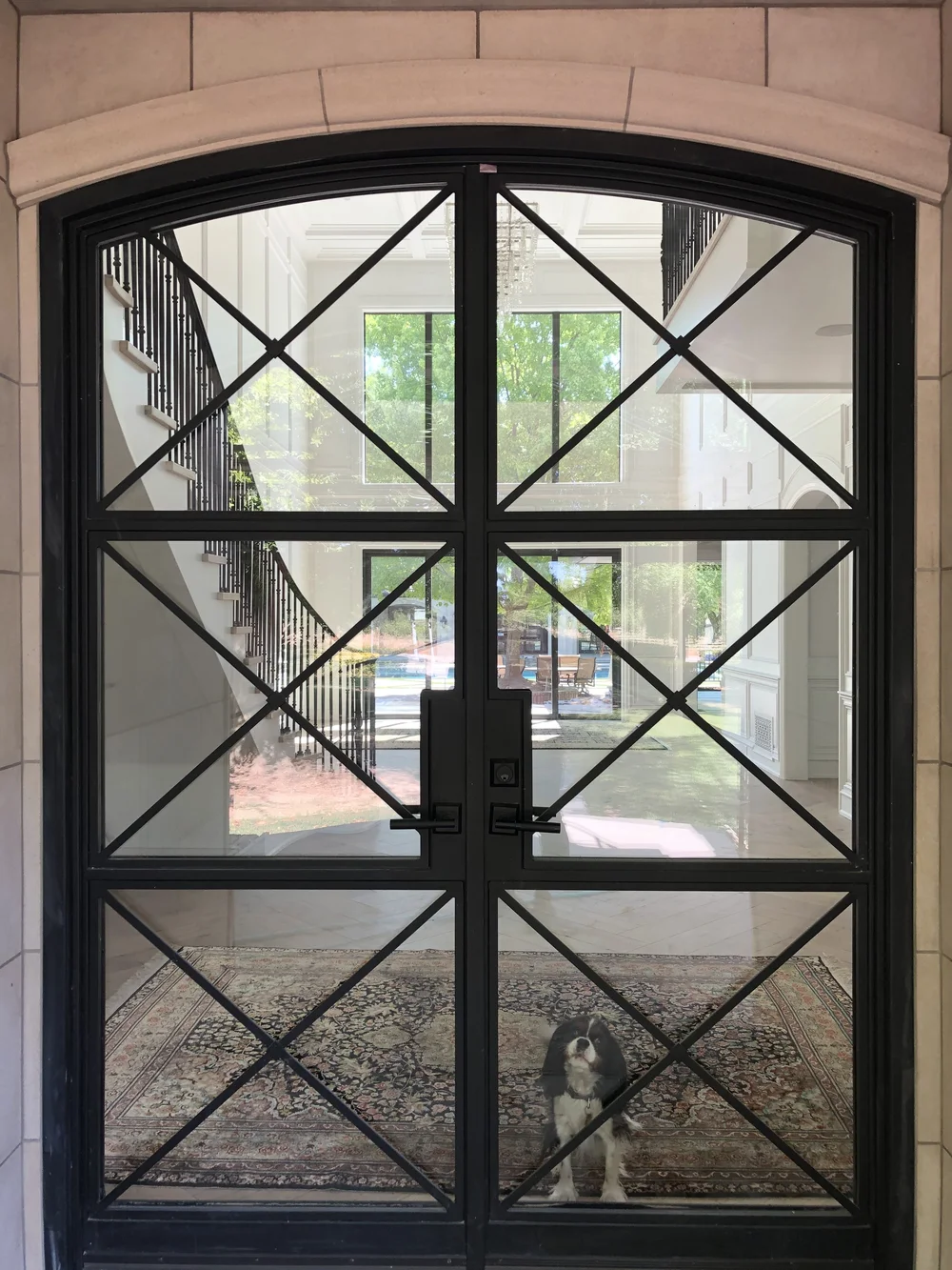 A curved Indiana Limestone Buff lintel caps a pair of steel and glass entry doors set into panel veneer.