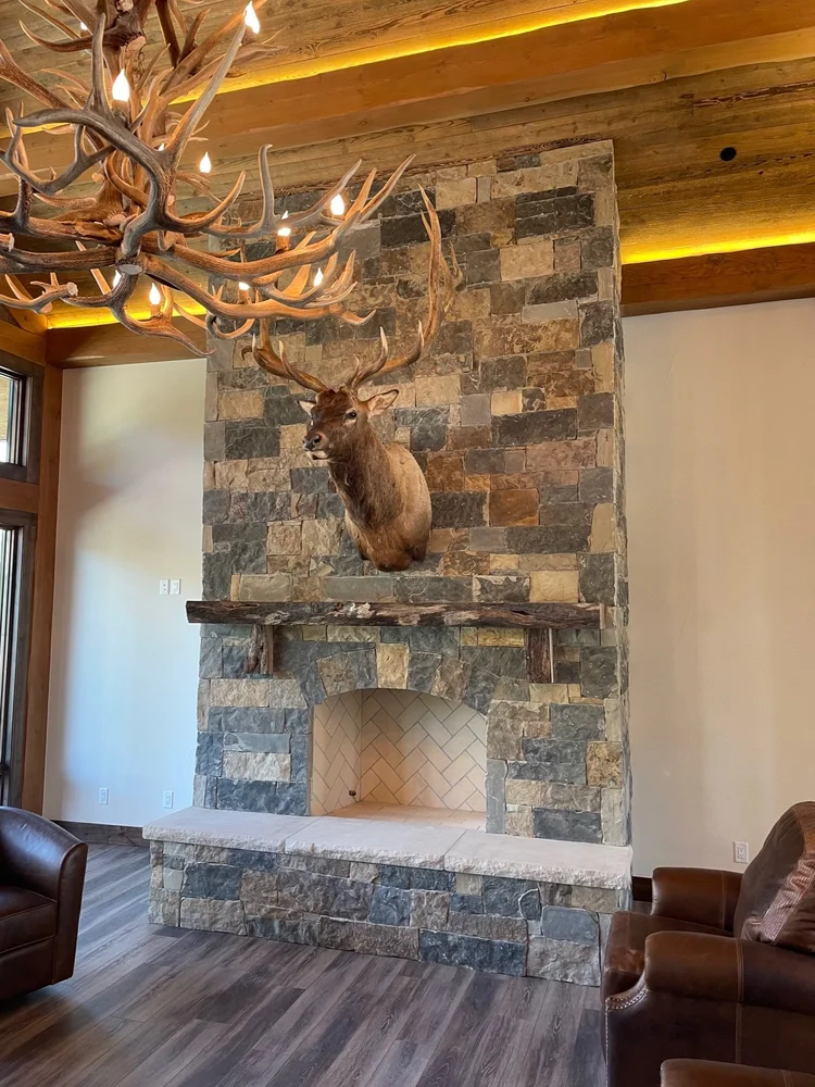Aspen Estate veneer and Indiana Limestone hearths on a fireplace.