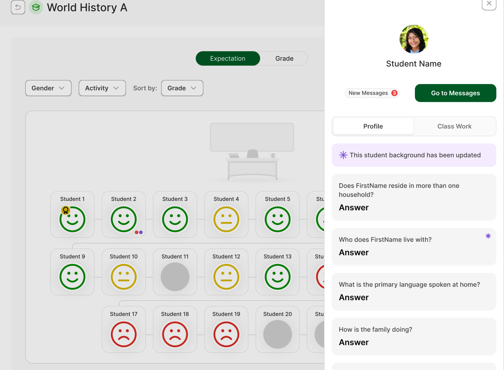 Teacher classroom view with a student's profile and family background open alongside the class
