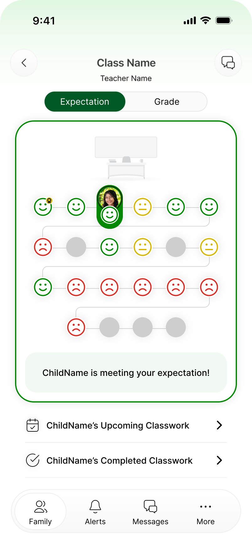Parent view showing the child's classroom context and an invitation to explore classwork