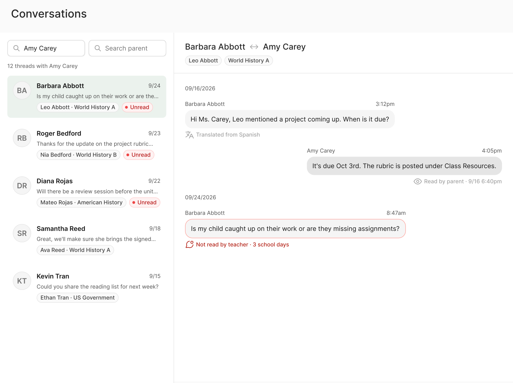 TEAM view showing family-teacher conversations and a school leader's view of follow-up
