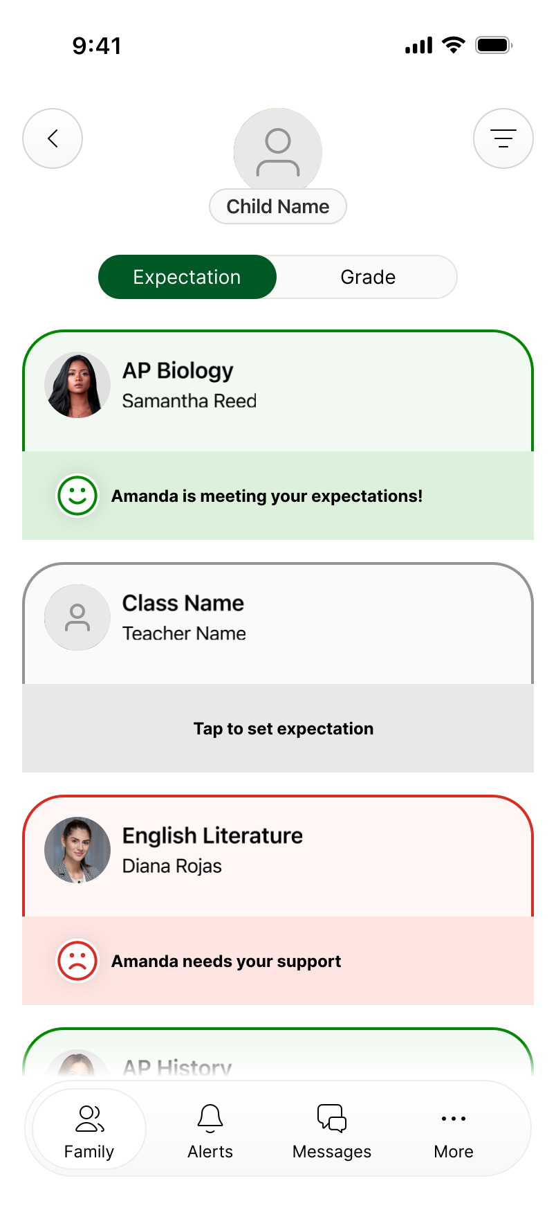 Parent app showing a child's classes, teachers, and family expectations