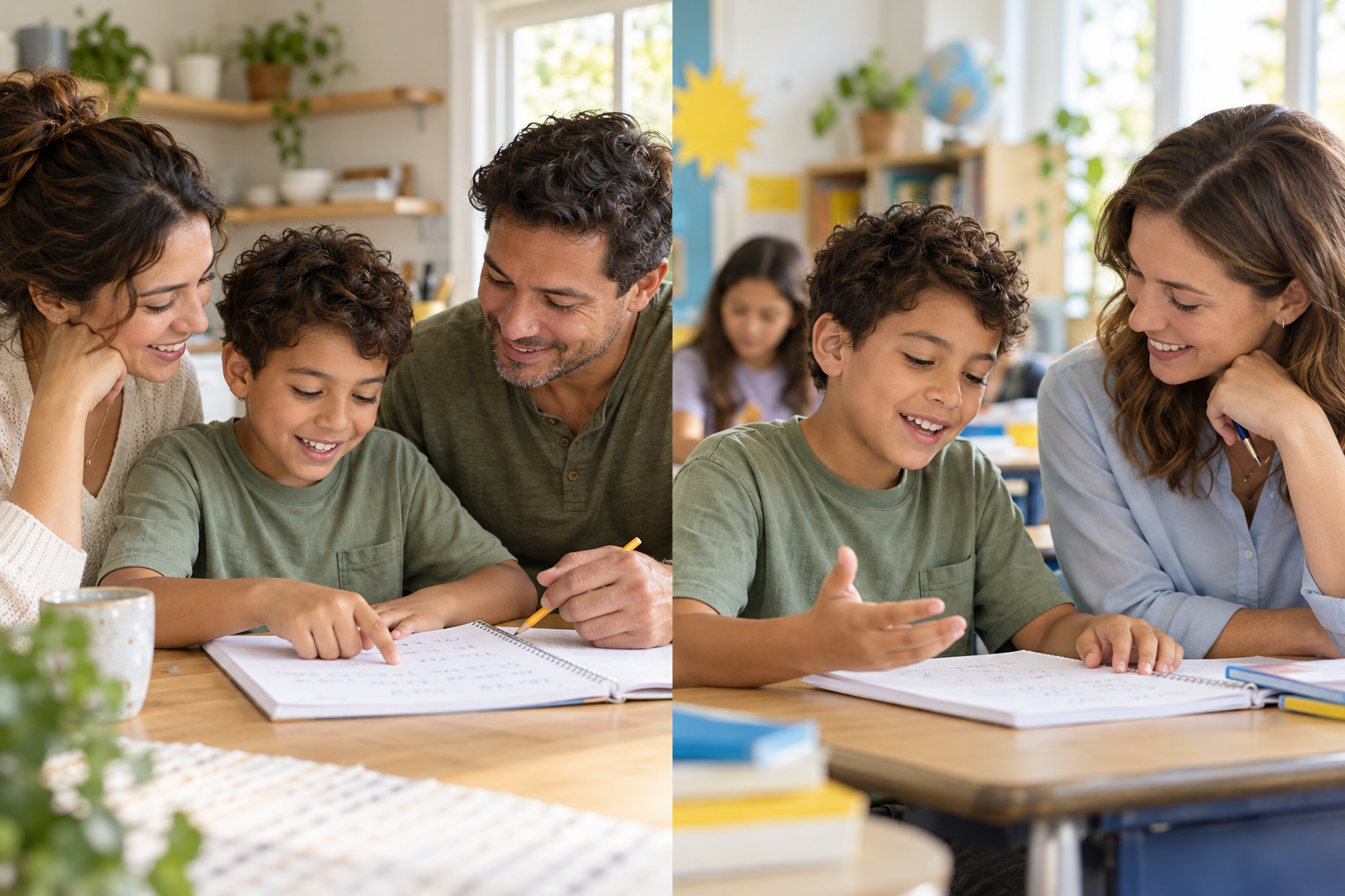 A child smiling as his parents help him with schoolwork at home