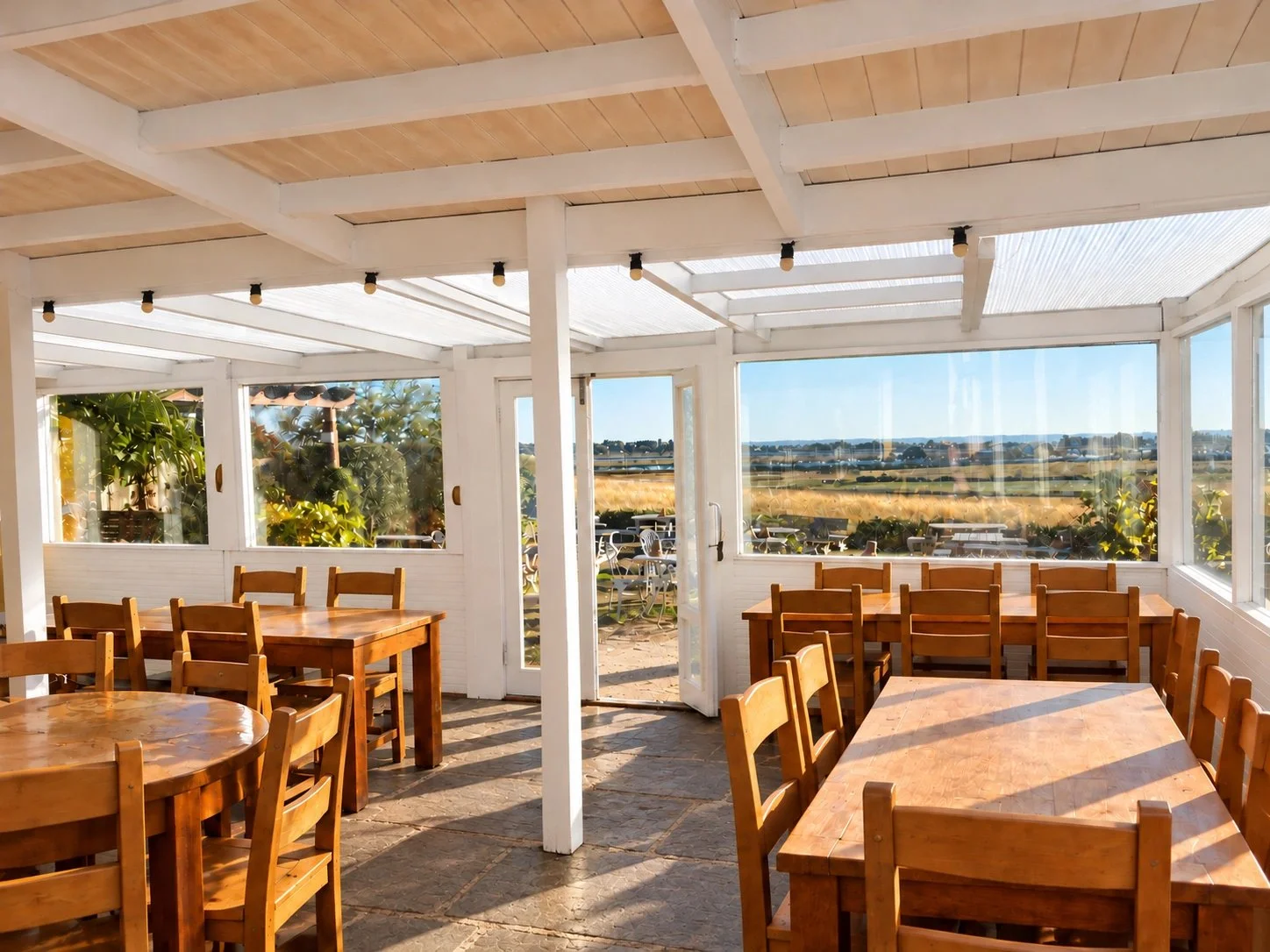 Warm sunlight in the Rosebud conservatory, with views across the garden