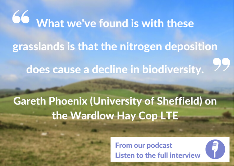 Quote from Gareth Phoenix (University of Sheffield) on Wardlow Hay Cop LTE: "What we've found is with these grasslands is that the nitrogen deposition does cause a decline in biodiversity," overlaid on landscape photo. Image is hyperlinked to podcast
