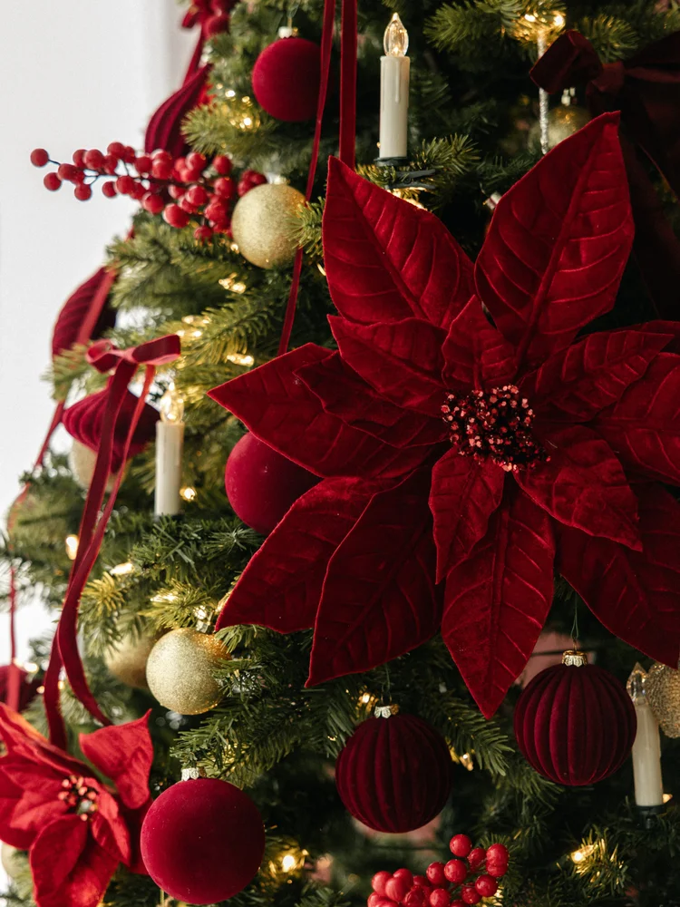 Red poinsettia ornament close-up