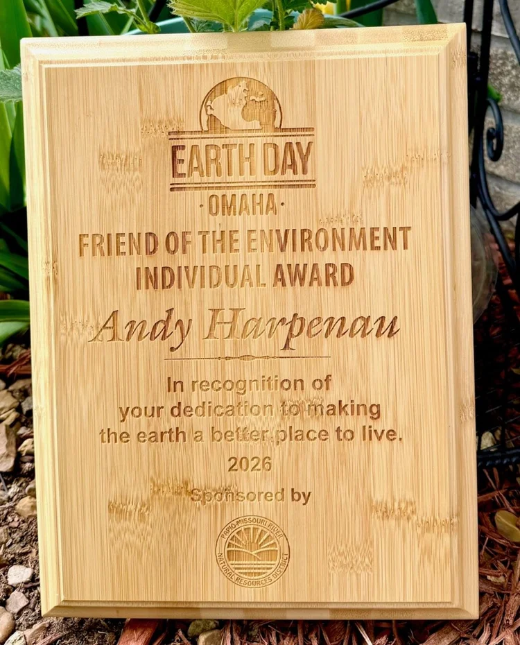 Earth Day Omaha 2026 Friend of the Environment Individual Award plaque engraved with Andy Harpenau's name