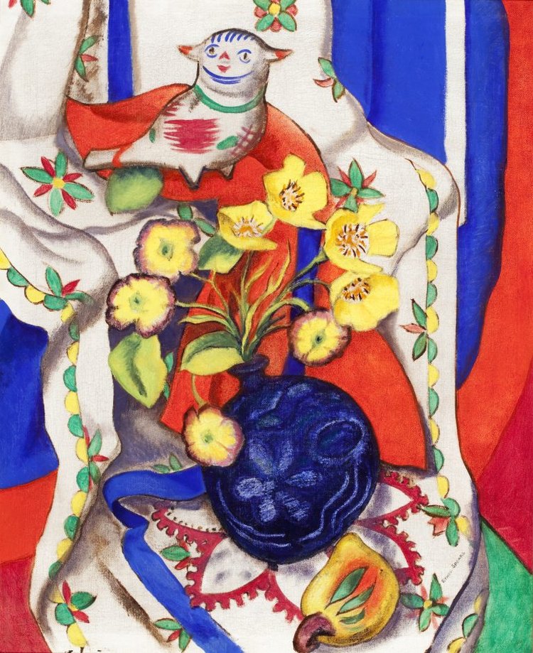A floral tablecloth backgrounds a blue vase holding yellow flowers. There is a yellow fruit at the bottom of the image. Above the vase is an abstract creature potentially resembling a cat or a bird. There is a sense of motion to the piece. 