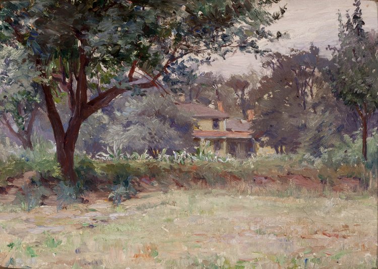 A landscape with one large tree to the left with its leaves stretching past the bounds of the frame. There is green grass in the foreground. A house sits near the middle of the frame, partially obscured by trees on either side. 