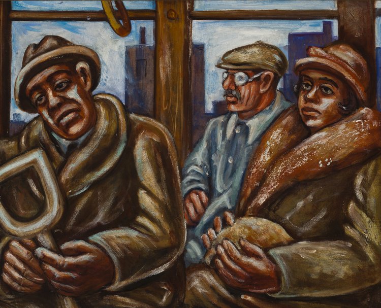 3 people sit in a street car. To the left is a man holding what appears to be the shovel. In the middle is a man wearing a cap and glasses. To the right is a woman holding what appears to be a loaf of bread. All look dejected.