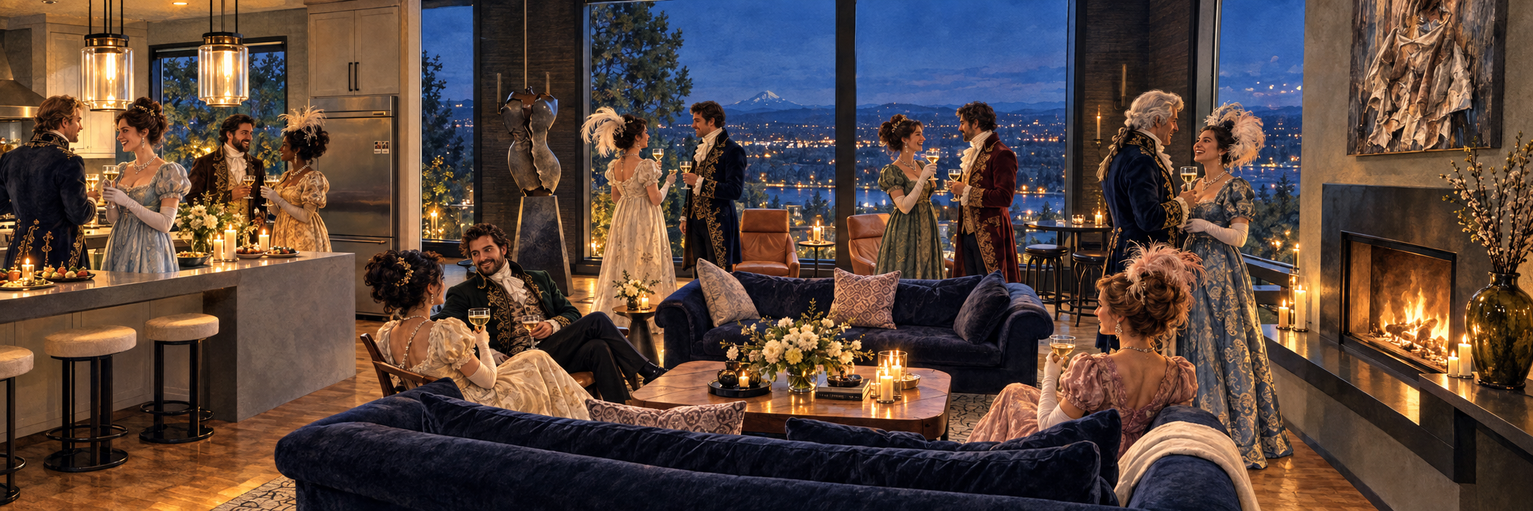A festive imagining of Regency-costumed guests celebrating in Chuck and Rilla’s modern home, with a river view at dusk.