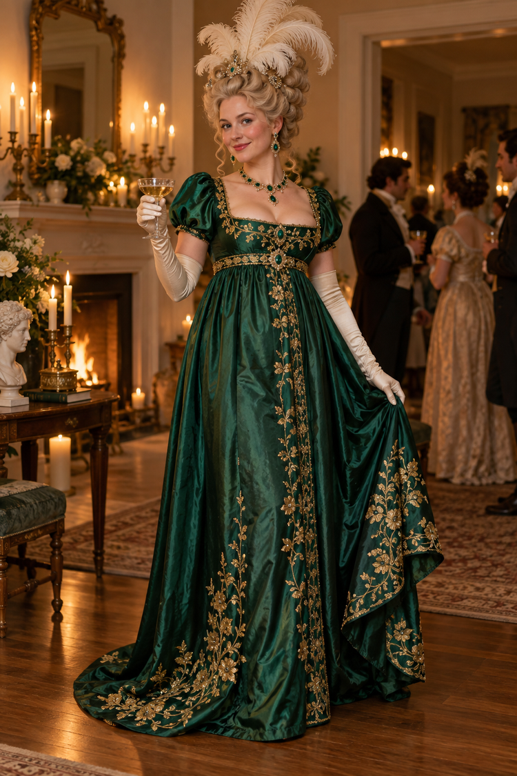 Costume inspiration: an emerald embroidered gown, long gloves, jewels, and a towering feathered updo.