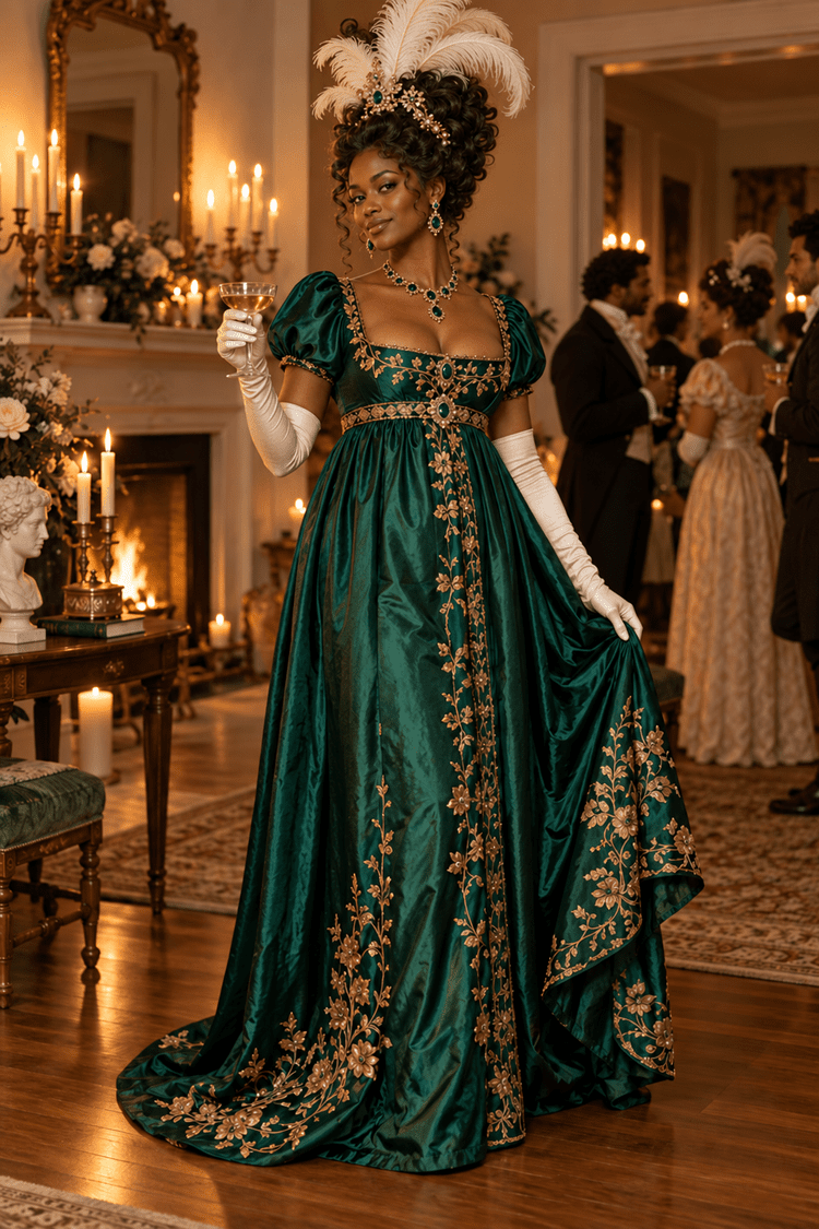 Costume inspiration: an emerald embroidered gown, long gloves, jewels, and a towering feathered updo.
