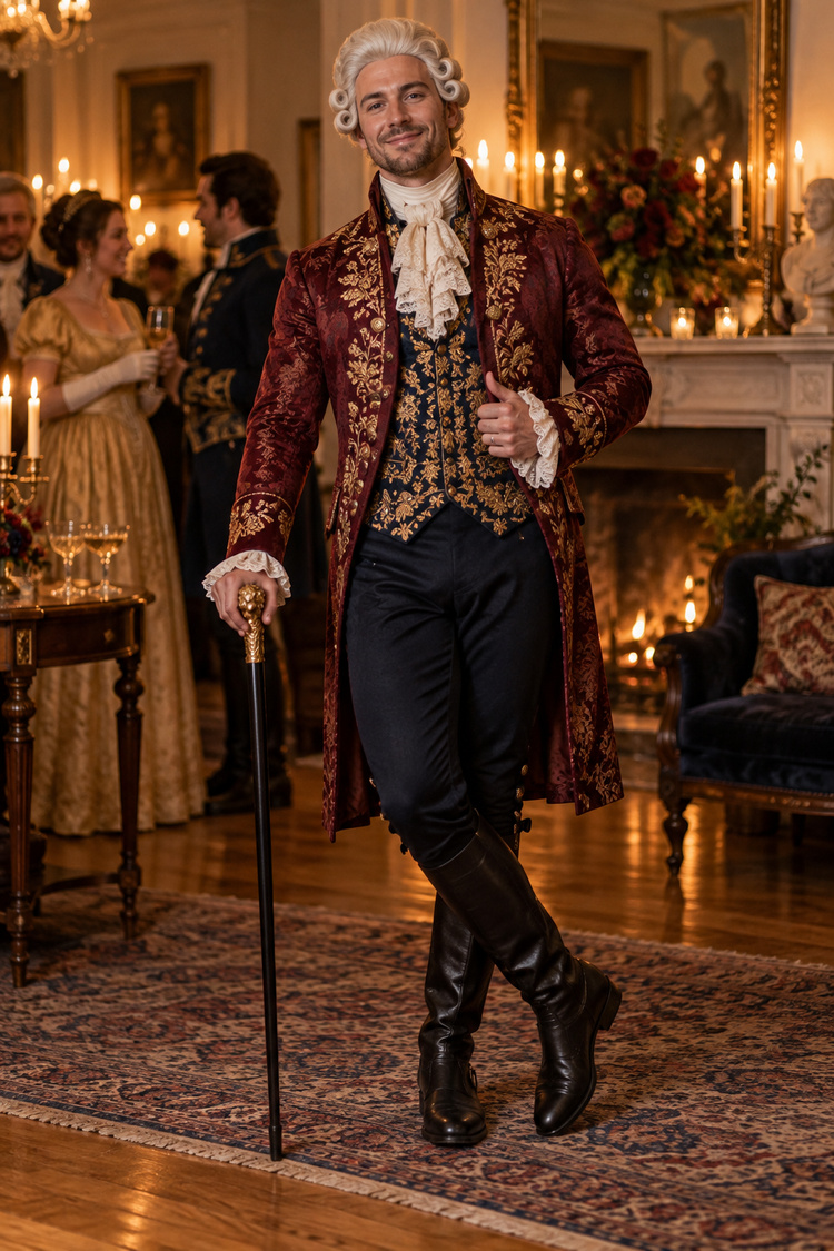 Costume inspiration: a burgundy brocade coat, embroidered waistcoat, lace cravat, boots, and powdered wig.