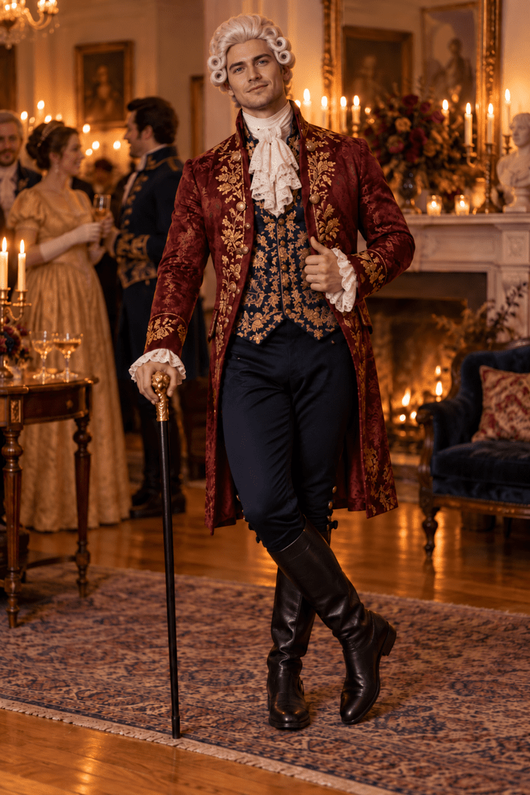 Costume inspiration: a burgundy brocade coat, embroidered waistcoat, lace cravat, boots, and powdered wig.