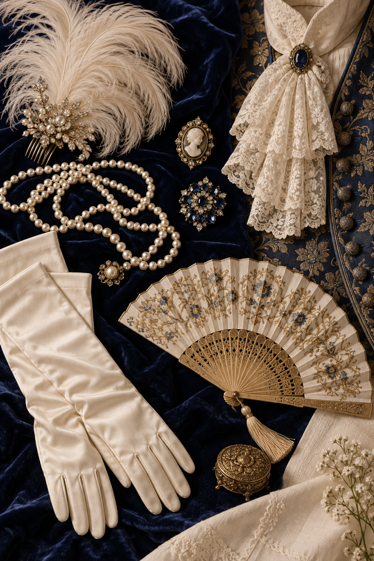 Costume accessories: pearls, a feathered hair ornament, jeweled brooches, ivory gloves, a lace cravat, and a decorative fan.